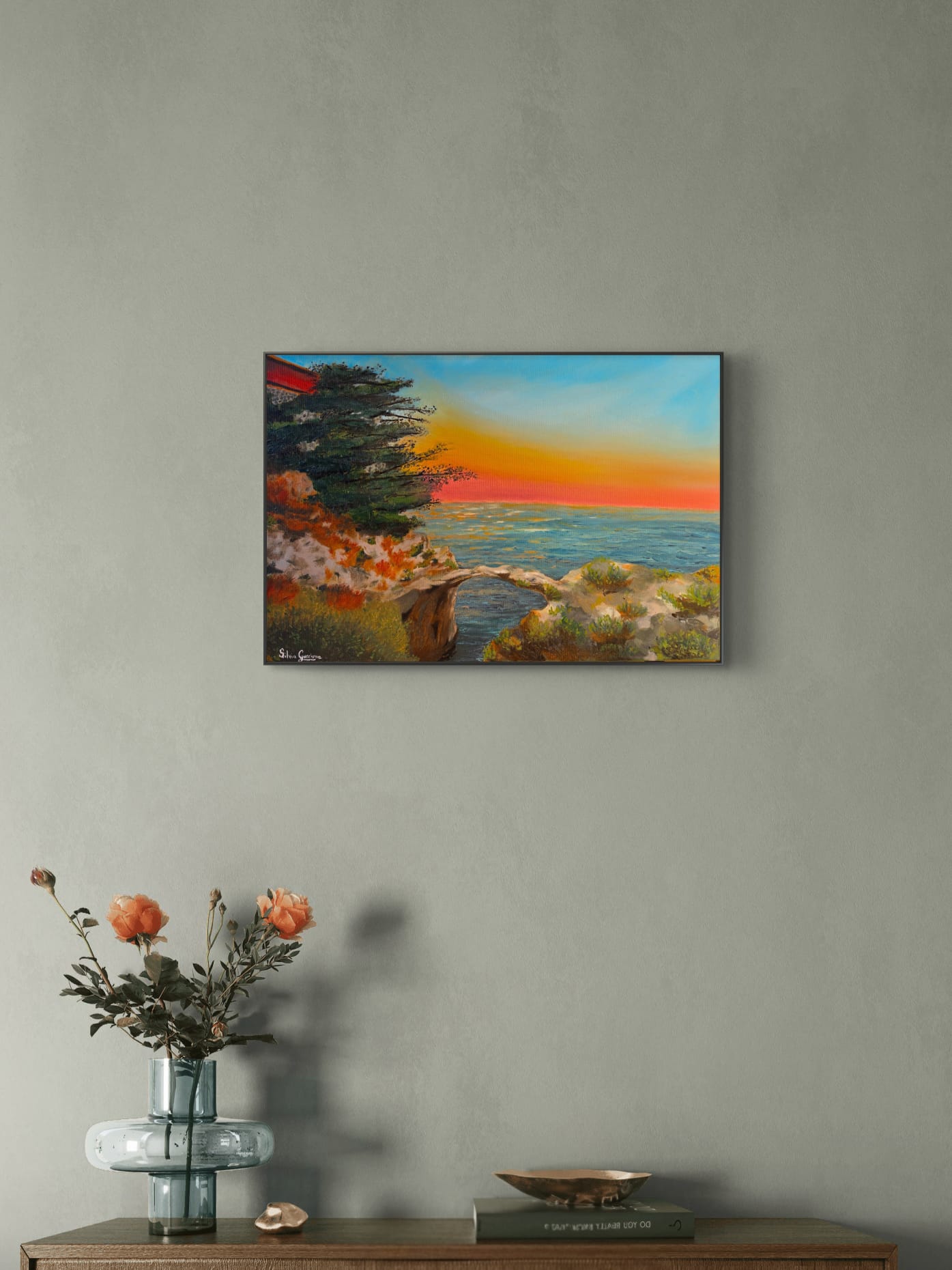 Opera al tramonto dipinta dal vivo, ambientata in casa